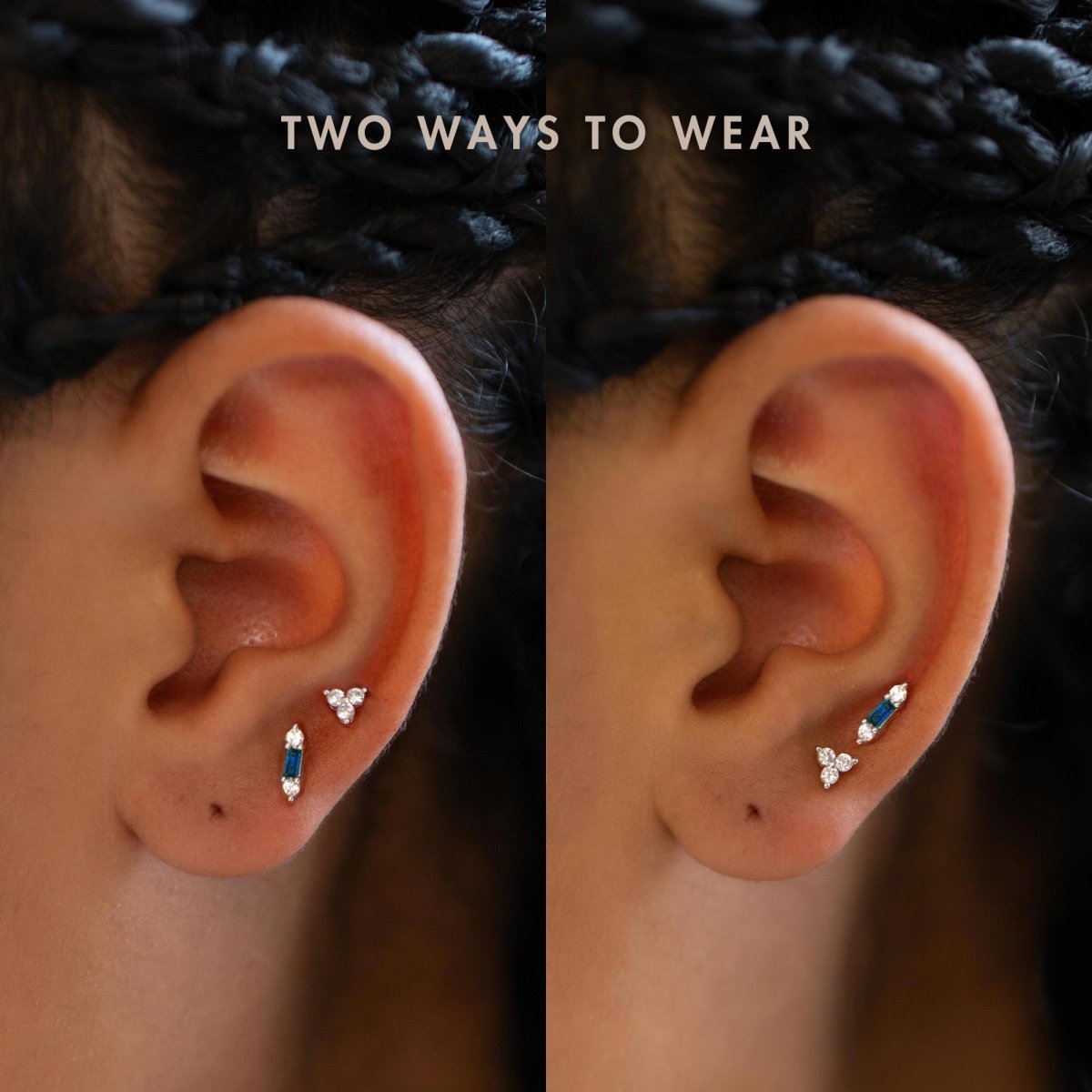 Two different ways to wear Sterling Silver Gemstone Bar + Clover Studs Set Blue Sapphire and chunky hoop earring 