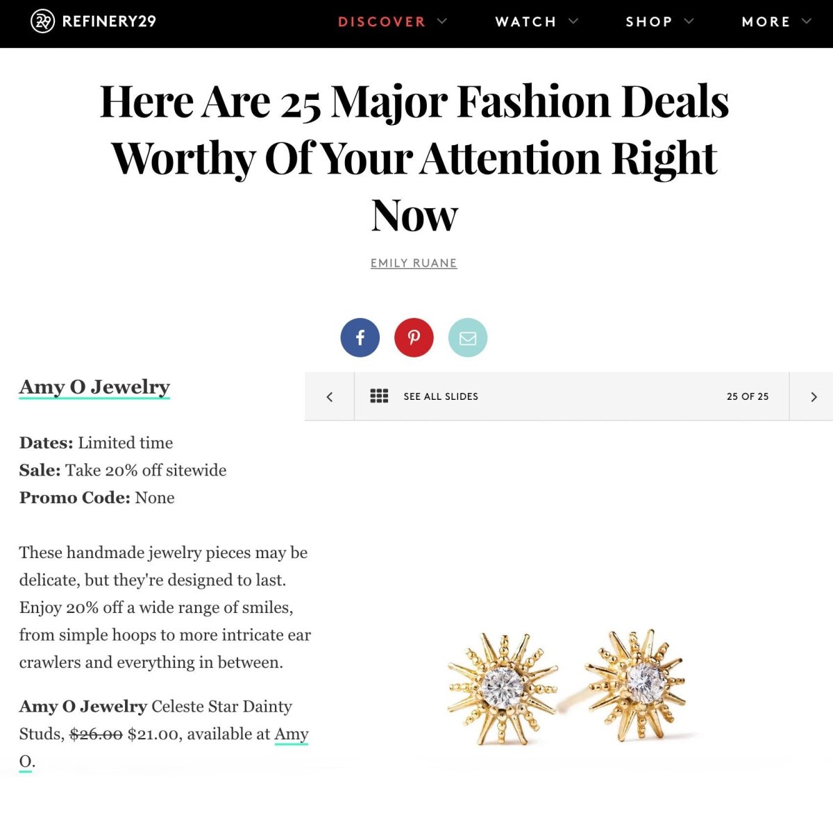 Gold vermeil sunburst studs with clear stones shown in a press feature slide on a white background