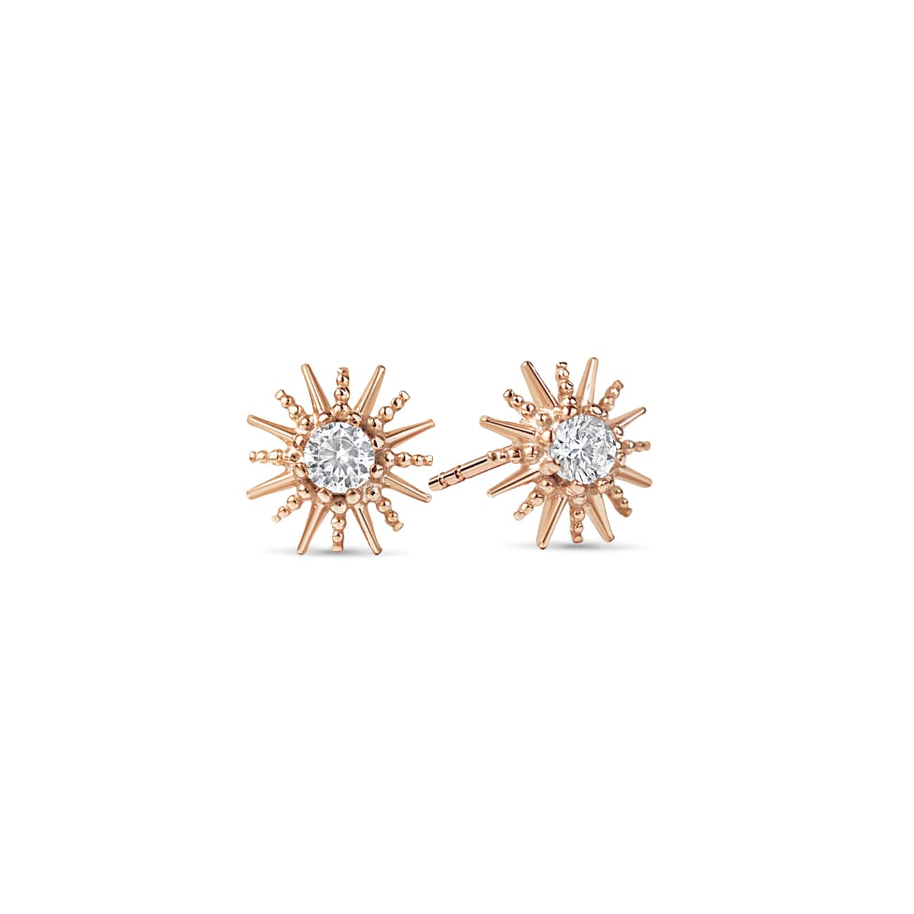 Pair of rose gold vermeil starburst stud earrings with a round clear crystal center, on a white background