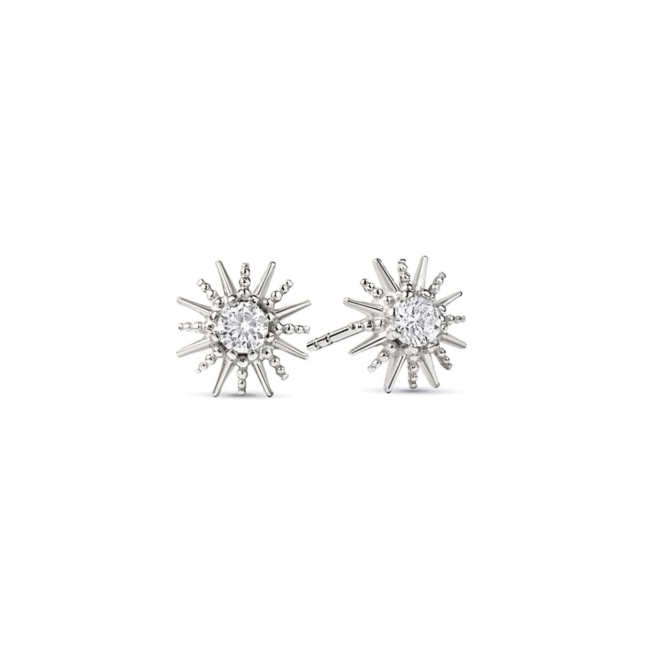 Pair of sterling silver starburst stud earrings with a round clear crystal center, on a white background