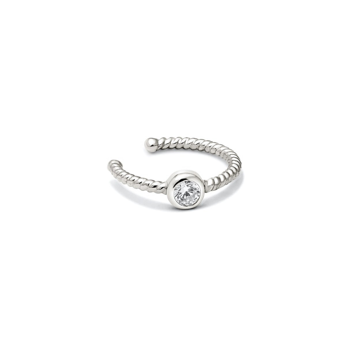Sterling silver twisted-rope ear cuff with a round clear stone, on a white background