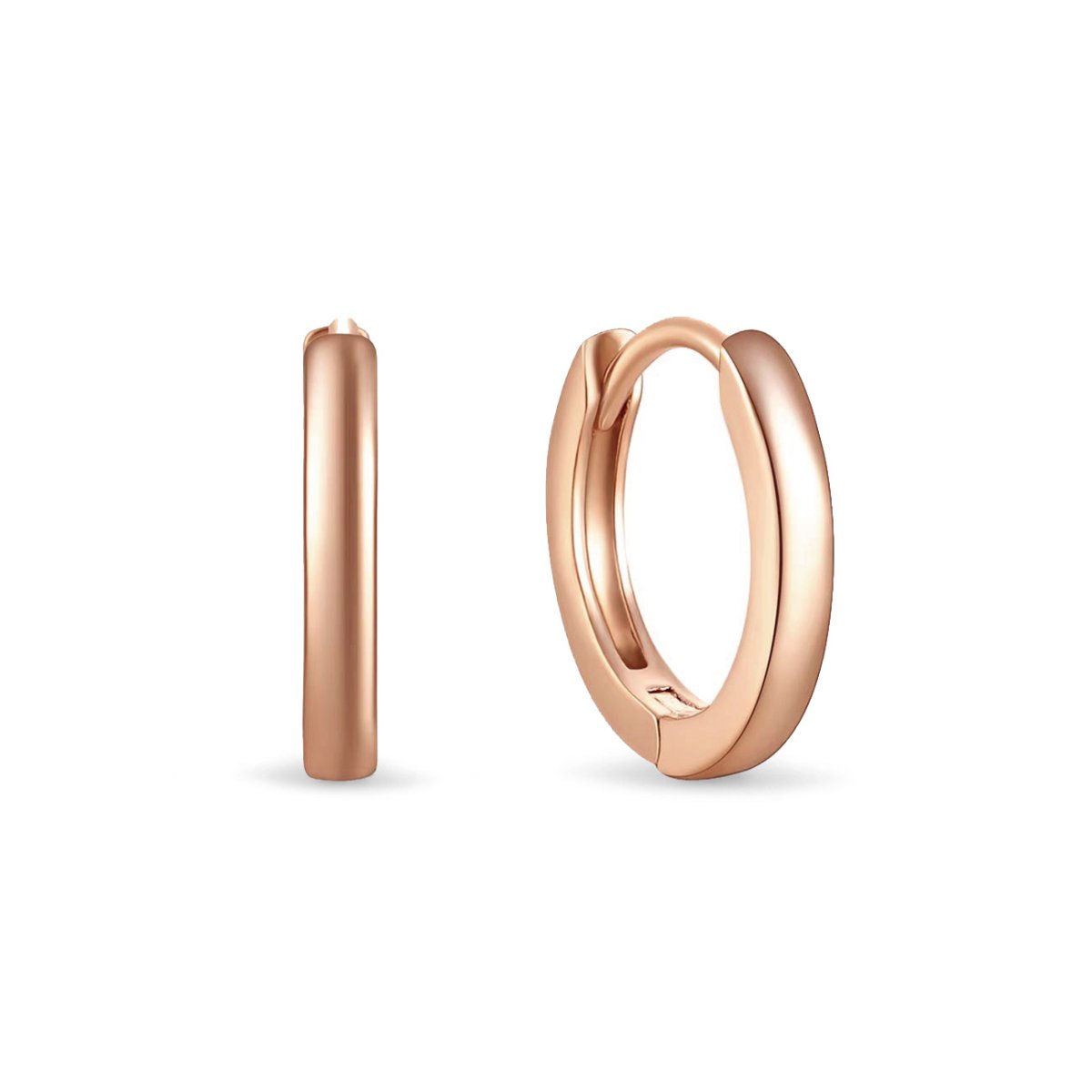 Rose gold vermeil huggie hoop earrings with a smooth hinged band, on a white background