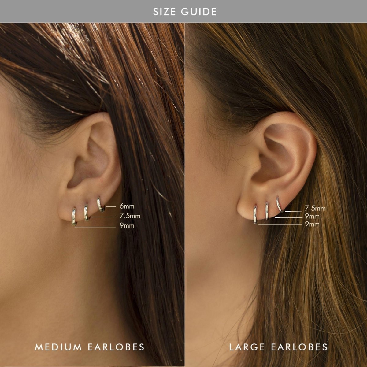 Sterling silver huggie hoops in 6mm, 7.5mm and 9mm sizes, shown on a model's lobe as a size guide