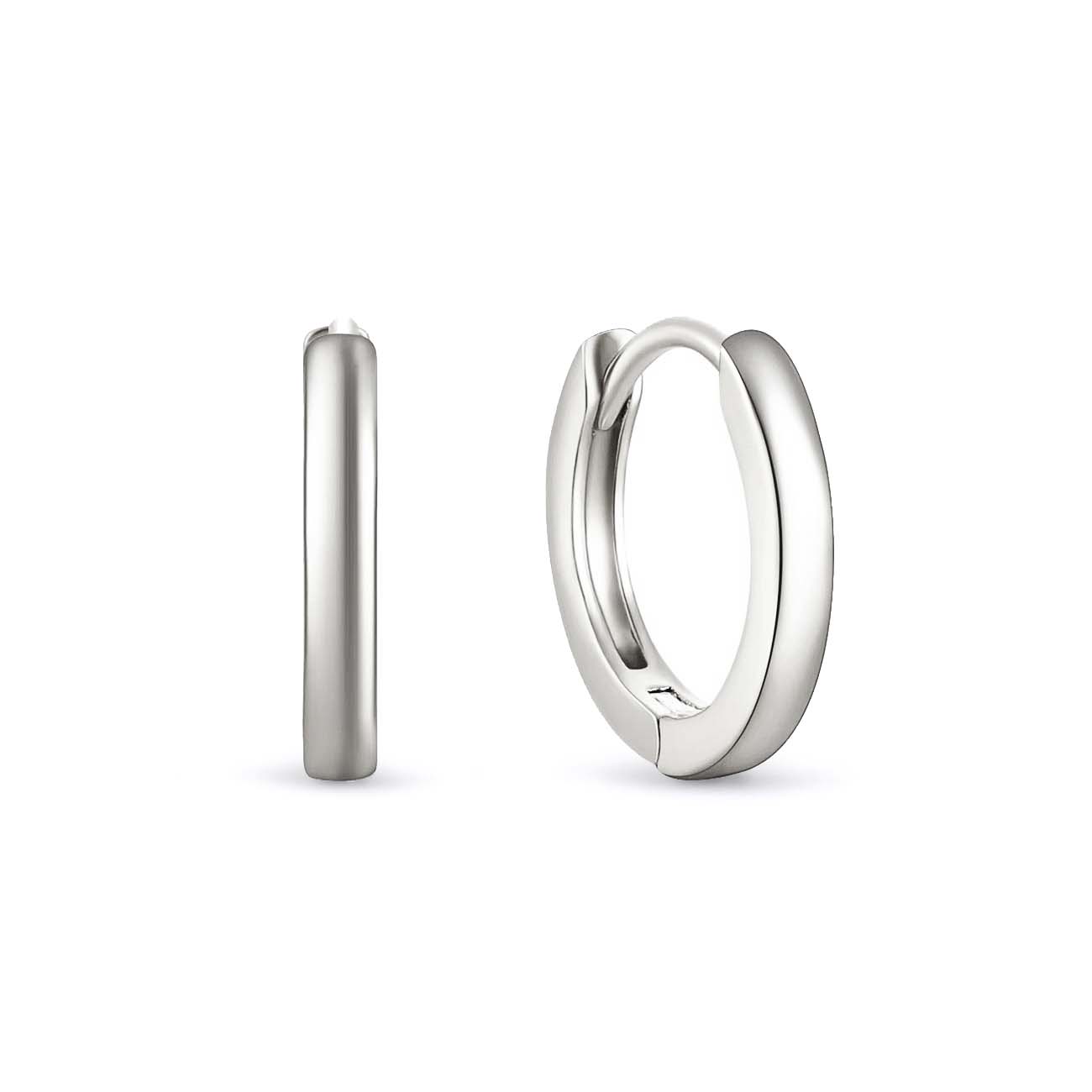Sterling silver huggie hoop earrings with a smooth hinged band, on a white background