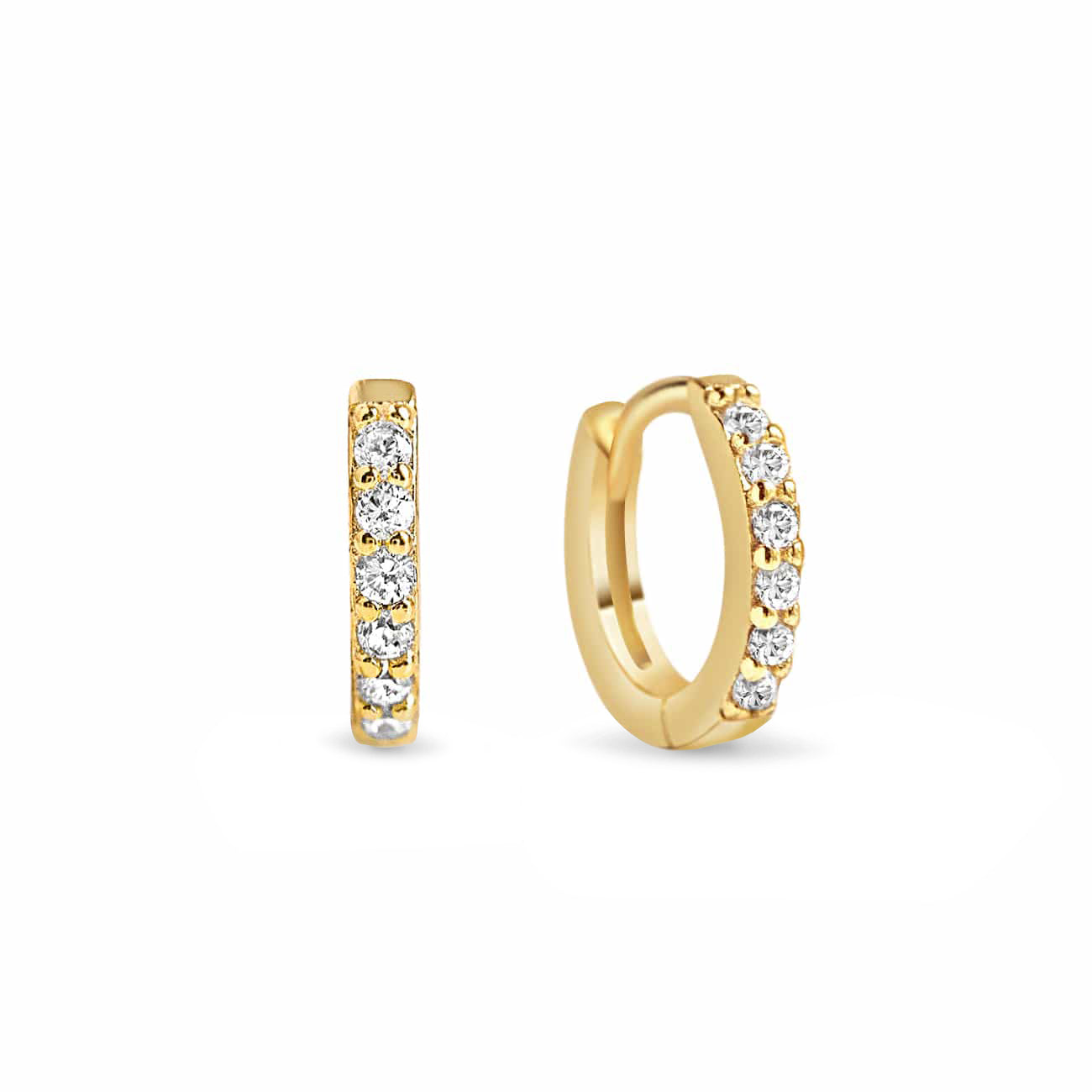Gold vermeil pavé huggie earrings lined with white zirconia, front and side view on a white background