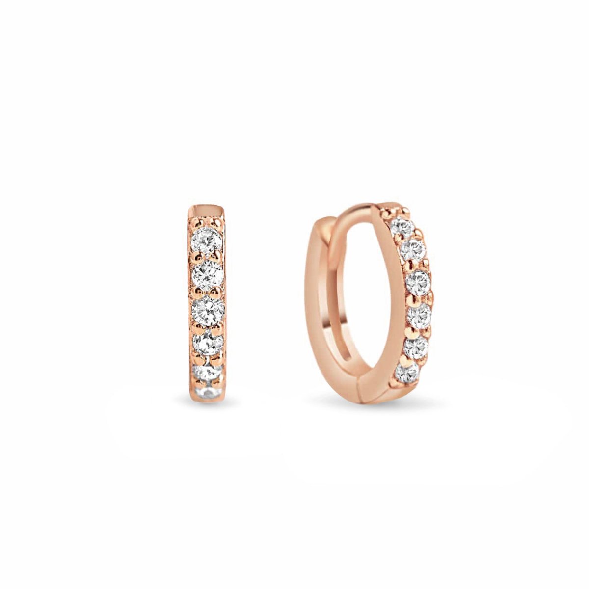 Rose gold vermeil pavé huggie earrings lined with white zirconia, front and side view on a white background