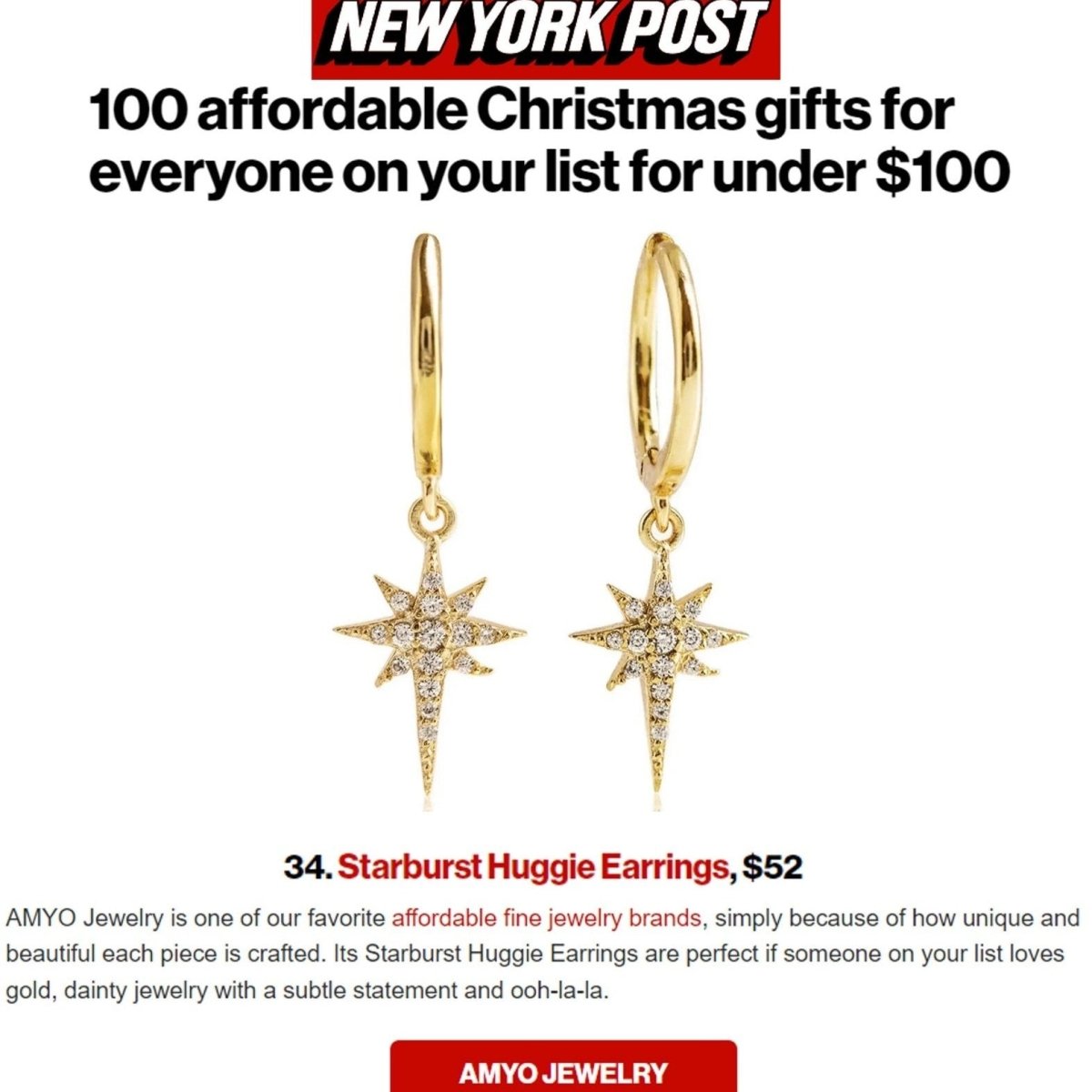 Gold vermeil starburst huggie hoops with white zirconia star drops, featured in a New York Post gift roundup