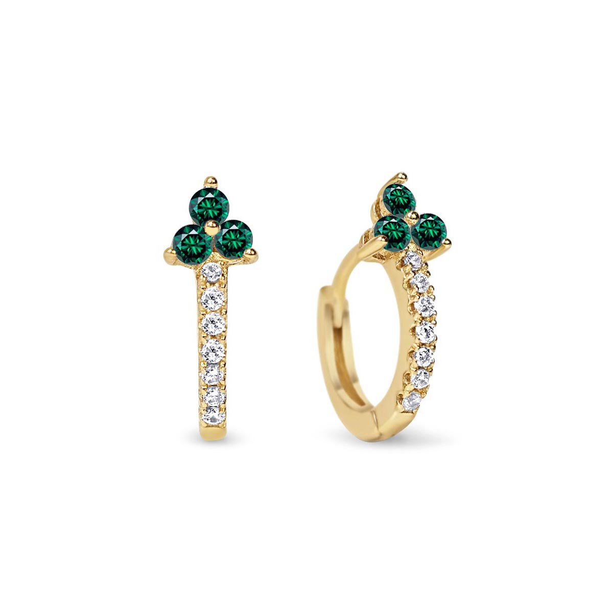 Pair of gold vermeil pave huggie hoops with a three-stone emerald cluster, on a white background