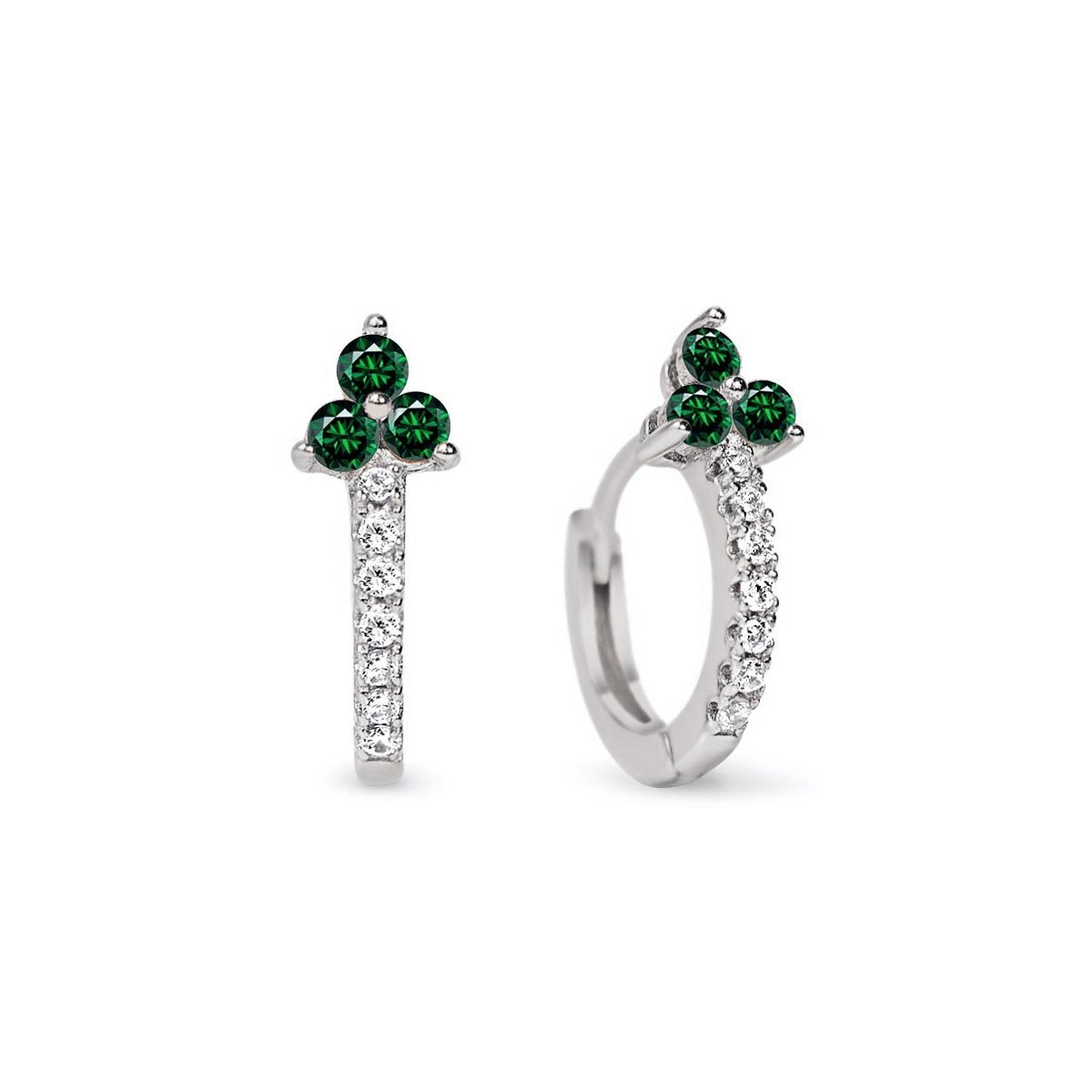 Pair of sterling silver pave huggie hoops with a three-stone emerald cluster, on a white background