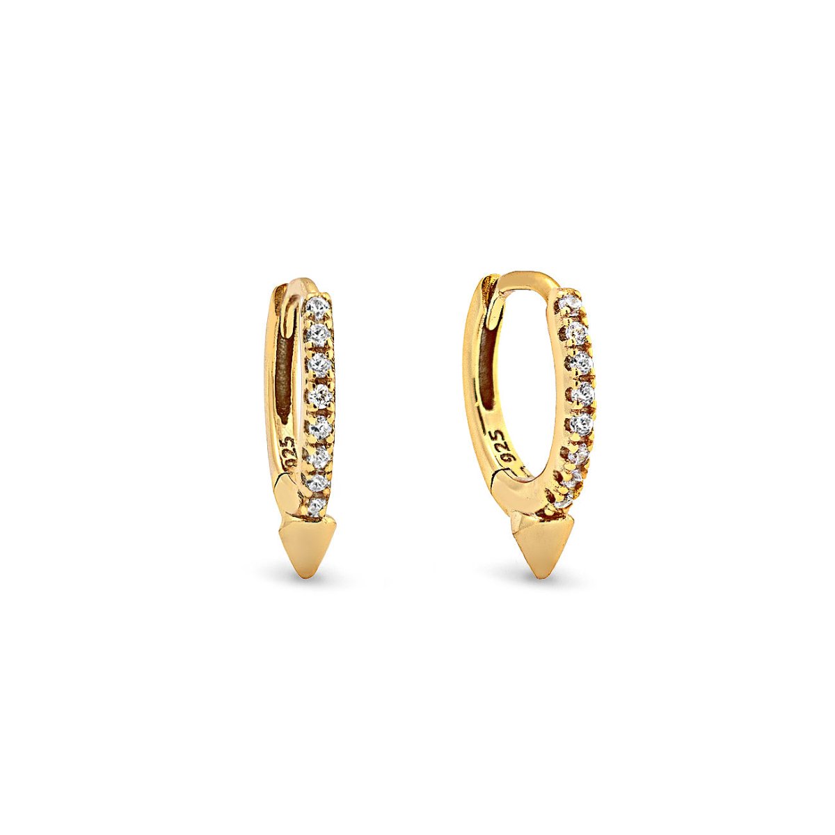 Gold vermeil pavé spike huggie hoops with clear stones and a cone drop, on a white background