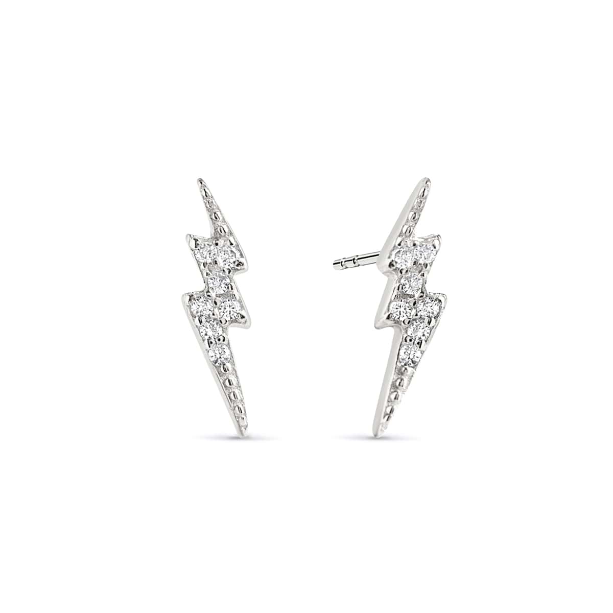 Sterling silver lightning bolt stud earrings paved with white zirconia, on a white background