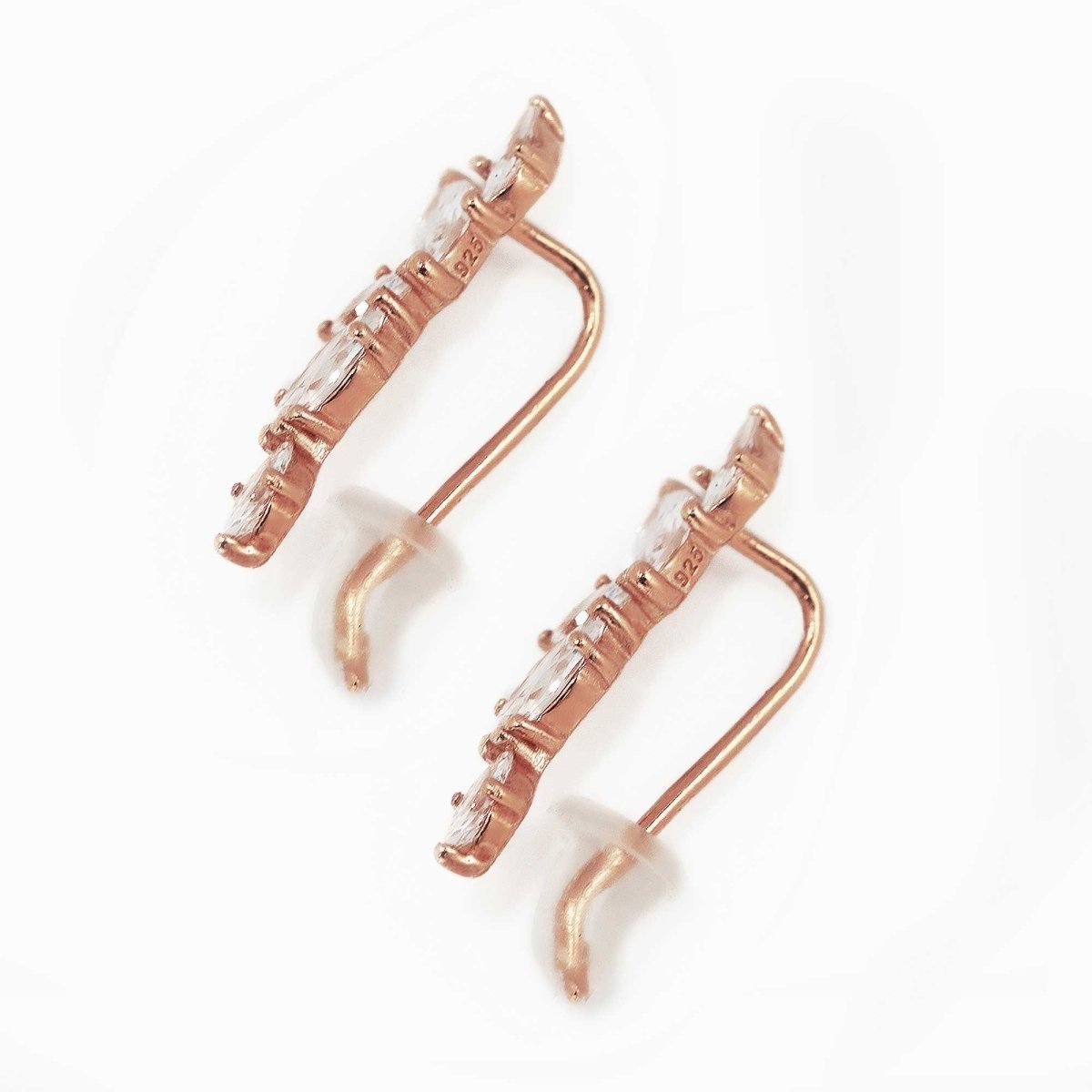 Rose gold vermeil marquise ear climber earrings with white zirconia, back view showing the posts