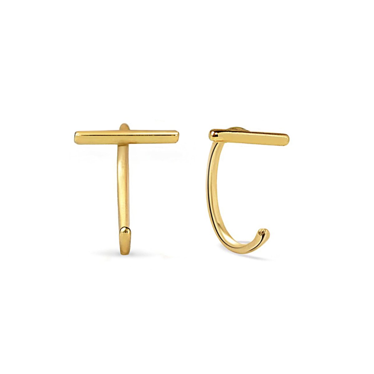 Pair of gold vermeil bar huggie earrings with a polished T-bar front, on a white background