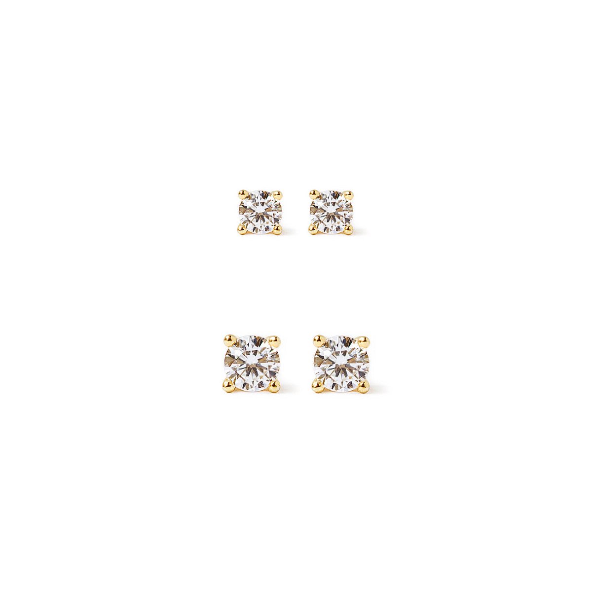 Set of gold vermeil stud earrings with clear zirconia stones, on a white background