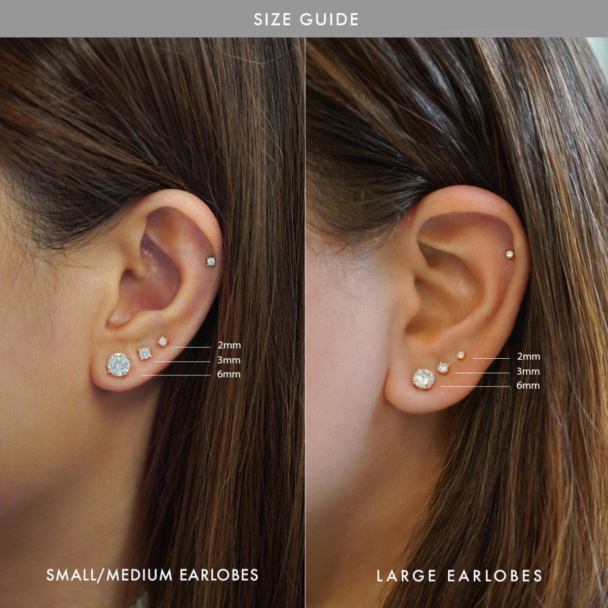 Rose gold vermeil white zirconia stud earrings shown on a model's ear with a stud size guide