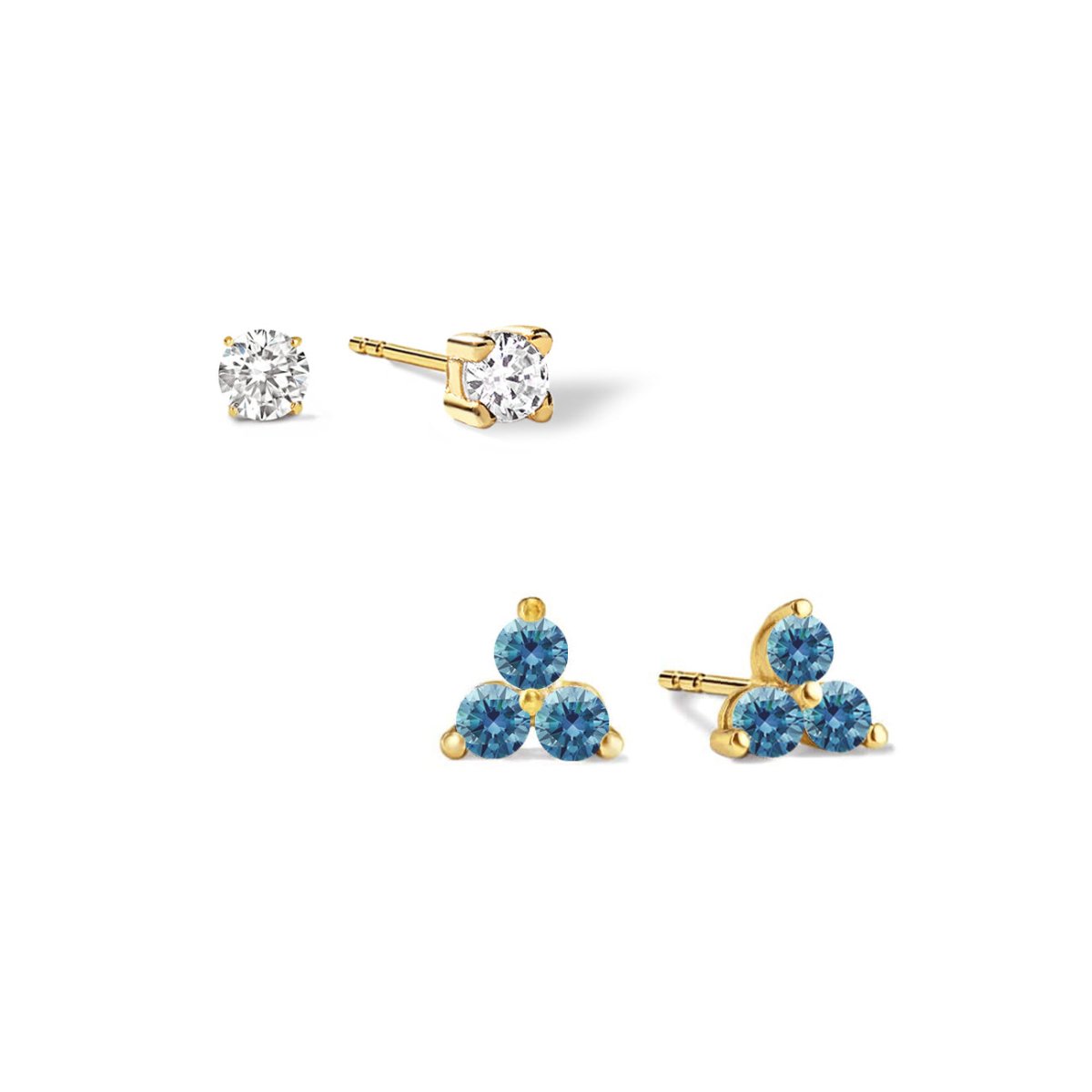 Gold vermeil birthstone studs set: a clear solitaire and a three-stone blue zircon cluster stud, on a white background