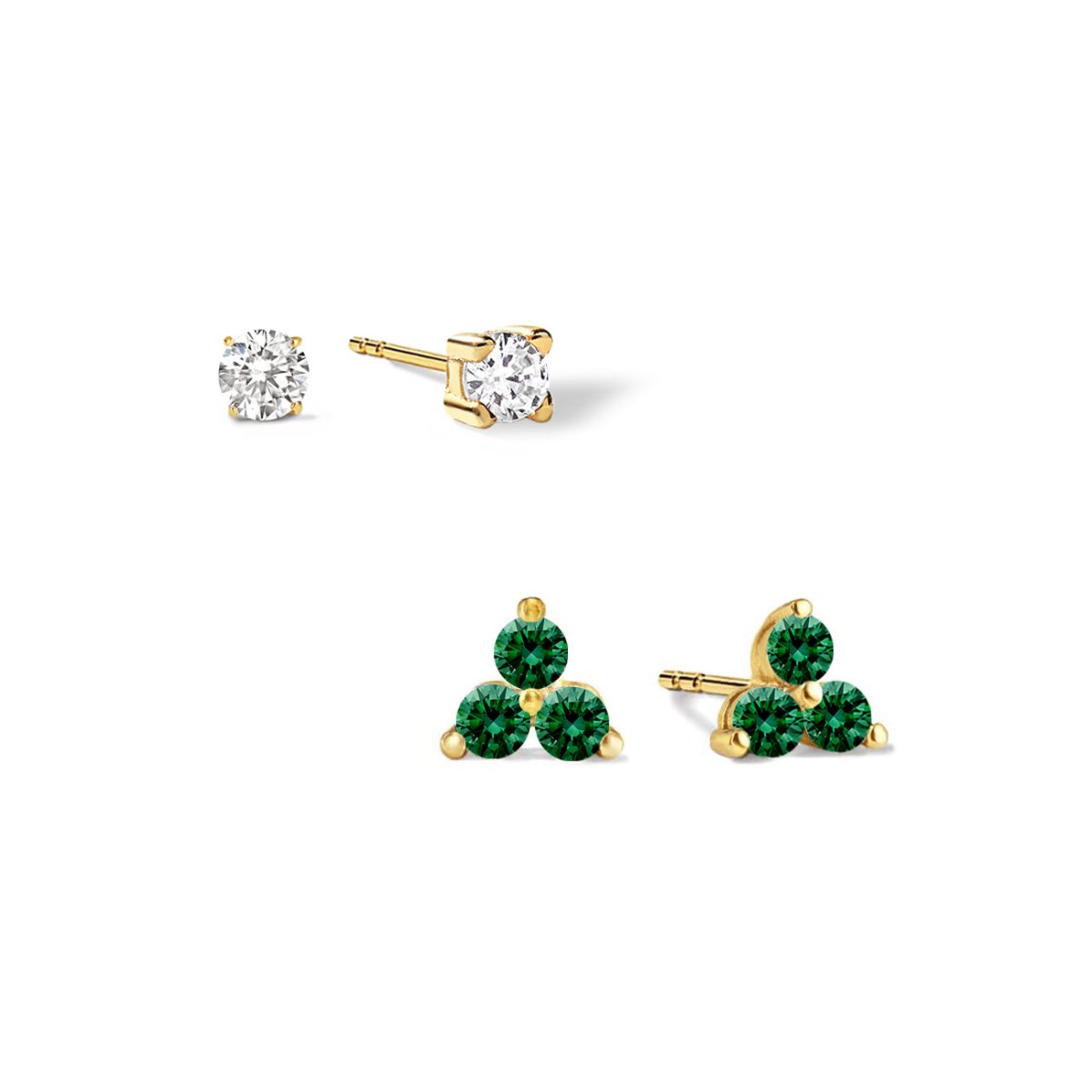 Gold vermeil birthstone studs set: a clear solitaire and a three-stone green emerald cluster stud, on a white background