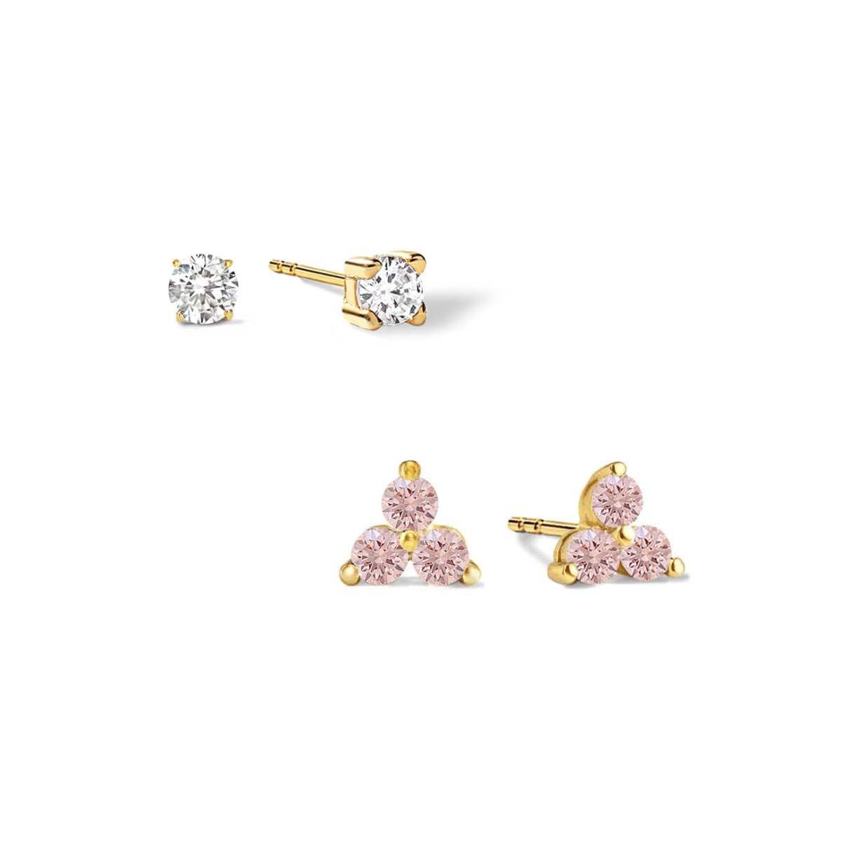 Gold vermeil studs set: a round clear solitaire stud and a three-stone pink sapphire cluster stud, on a white background