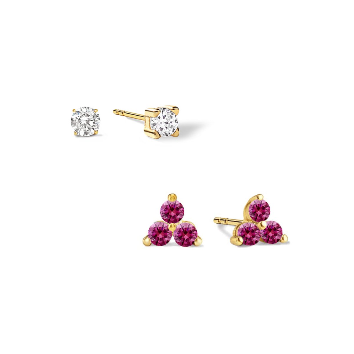Gold vermeil birthstone studs set: a clear solitaire and a three-stone pink-red ruby cluster stud, on a white background