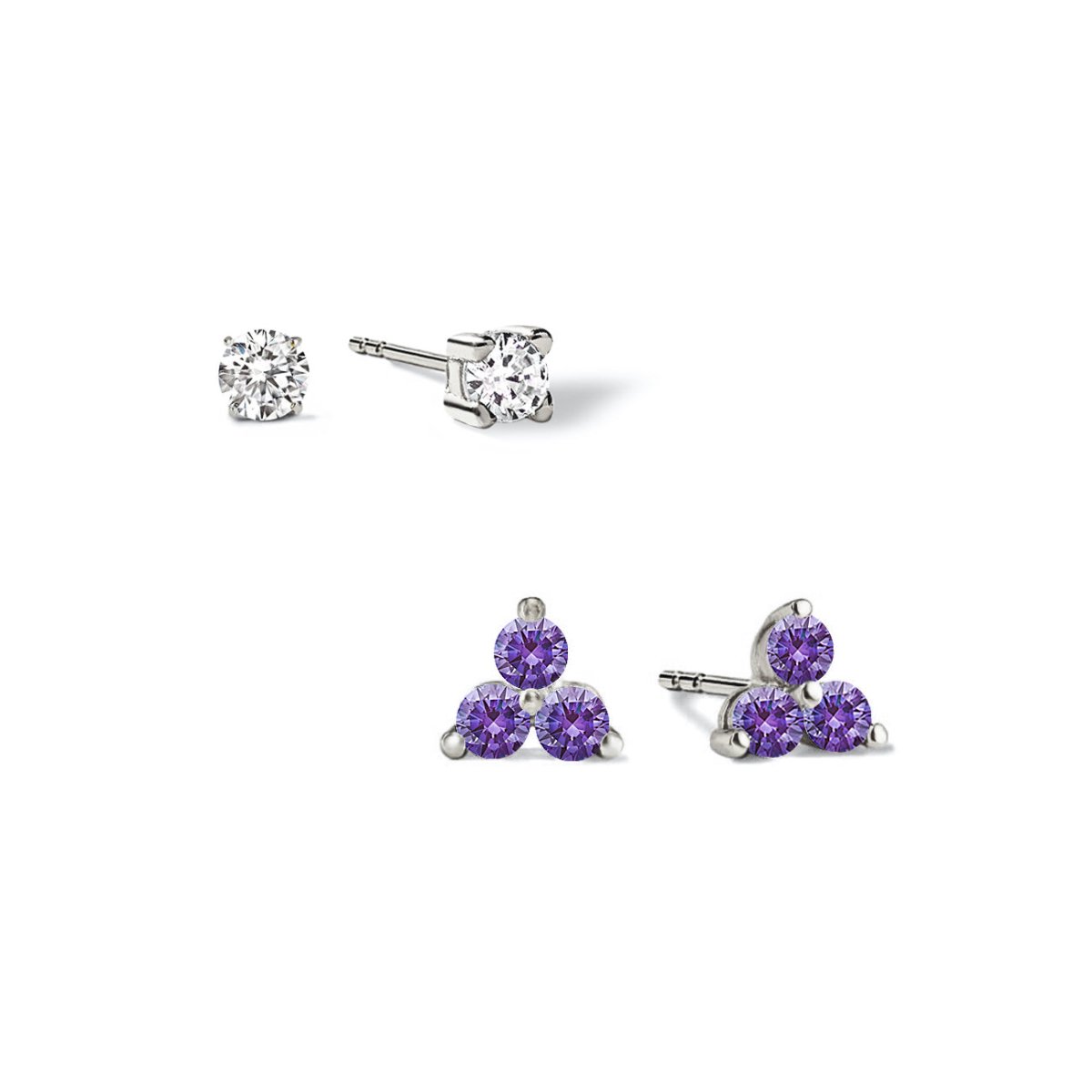 Sterling silver amethyst studs: a clear solitaire and a three-stone purple cluster, on a white background