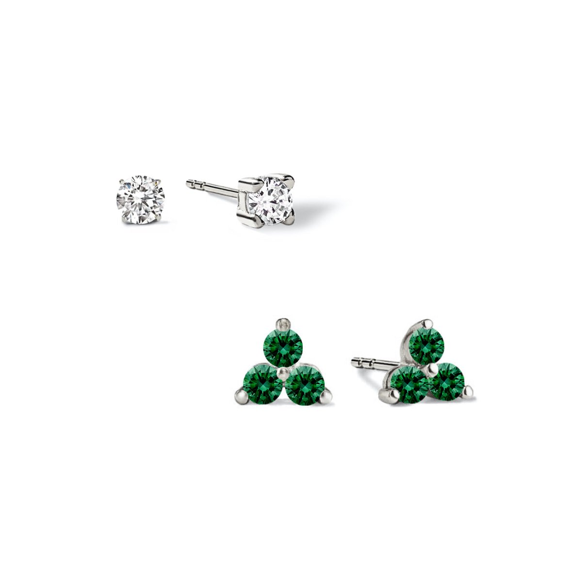 Sterling silver birthstone studs set: a clear solitaire and a three-stone green emerald cluster, on a white background