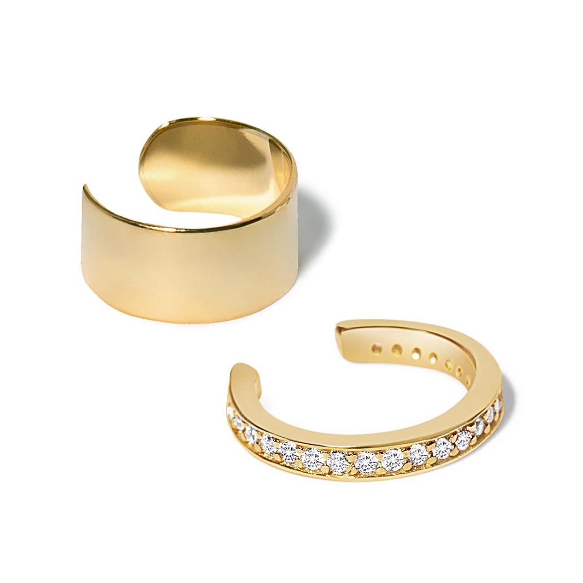 Gold vermeil ear cuff set, one plain and one pave white zirconia band, on a white background