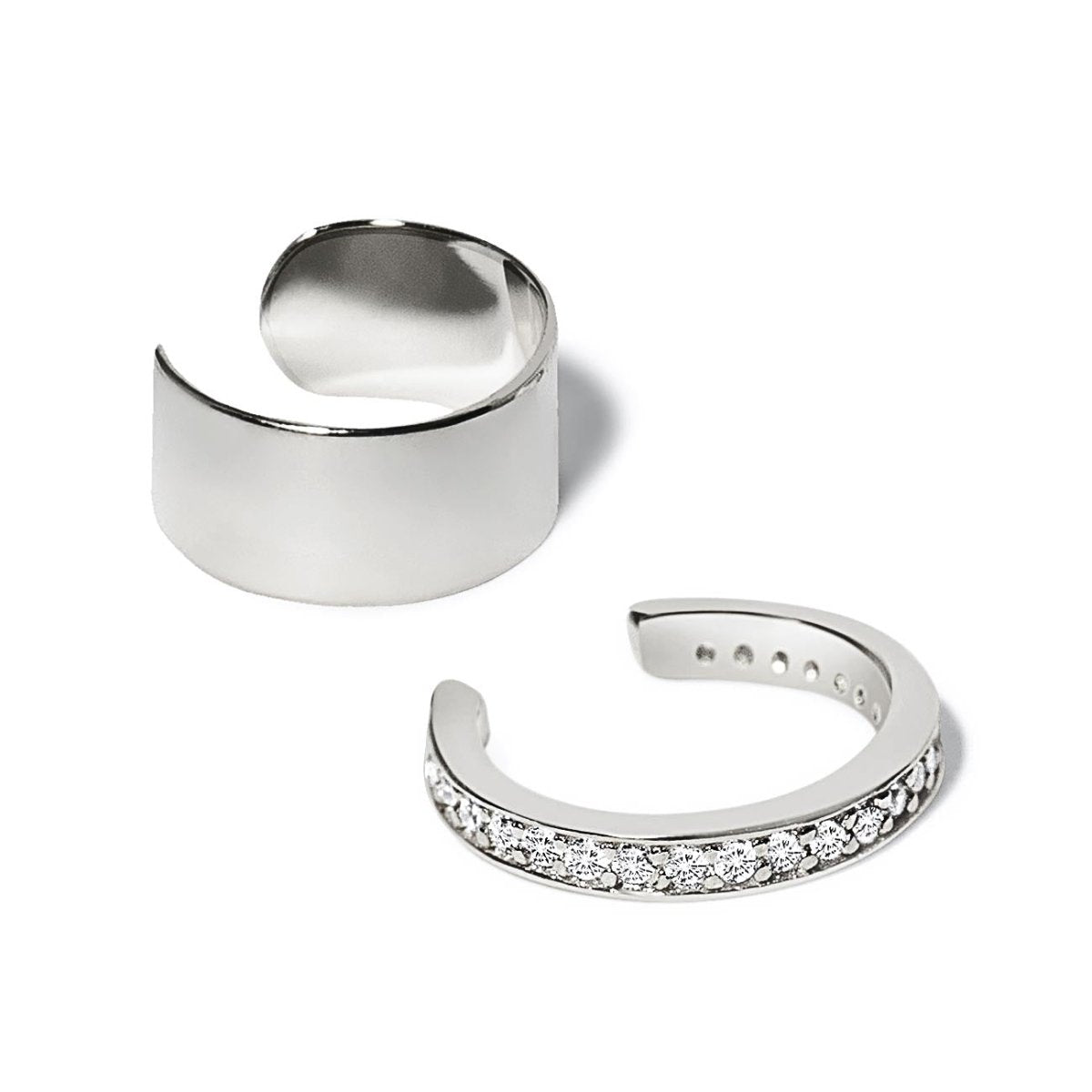 Sterling silver ear cuff set, one plain and one pave white zirconia band, on a white background