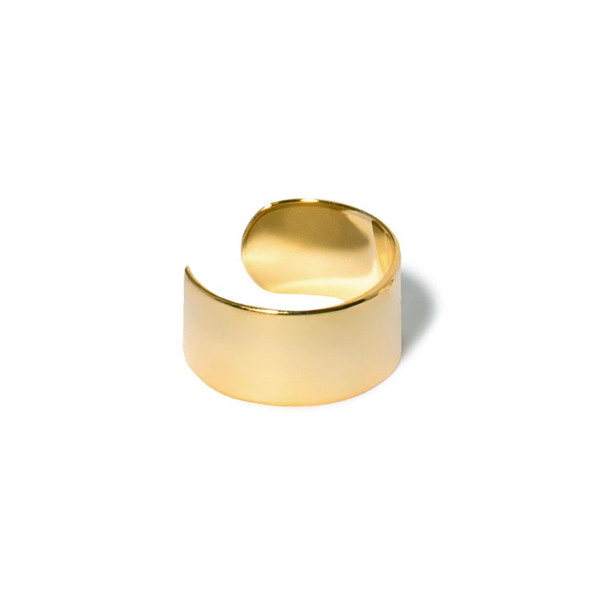 Gold vermeil wide ear cuff with a smooth open band, on a white background