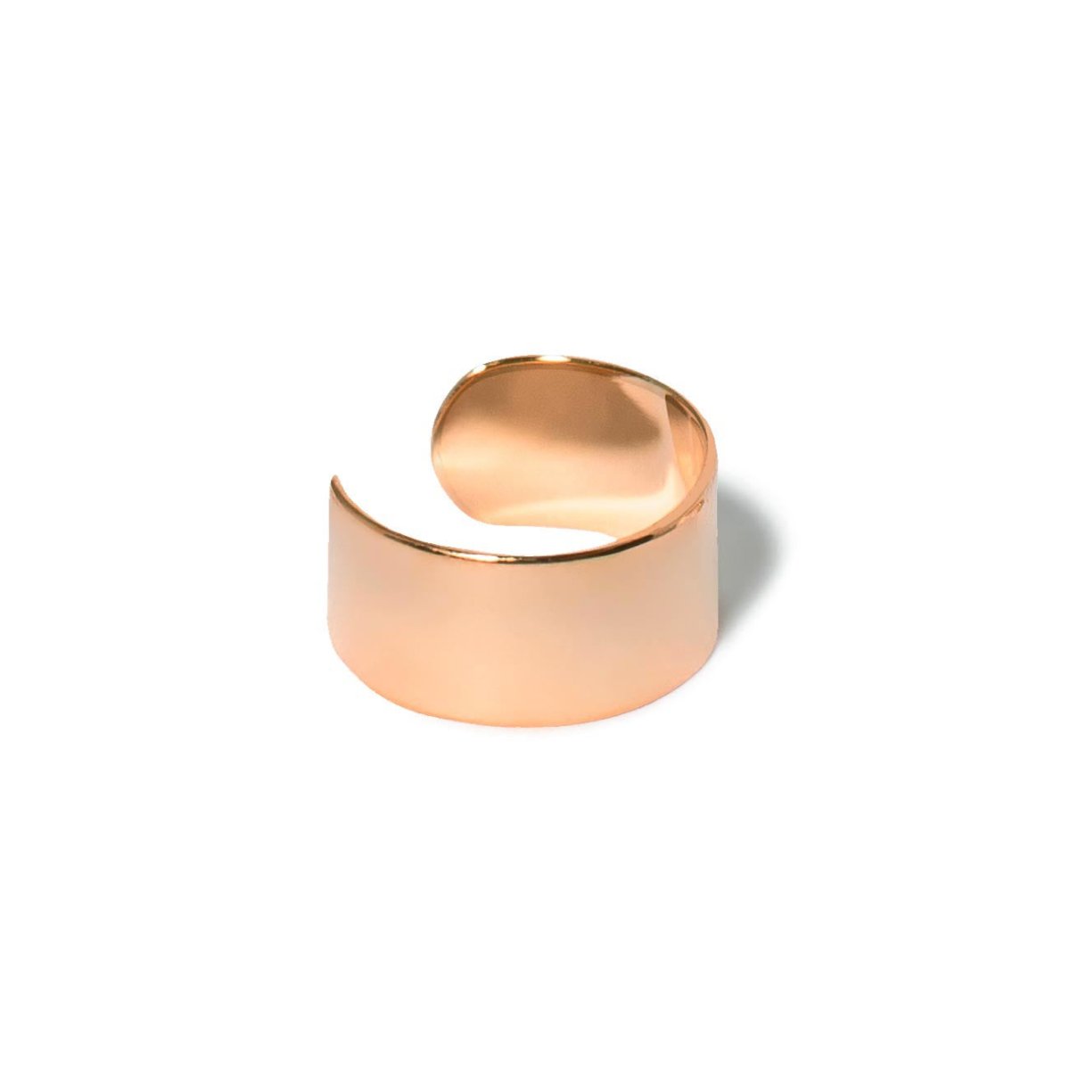 Rose gold vermeil wide ear cuff with a smooth open band, on a white background