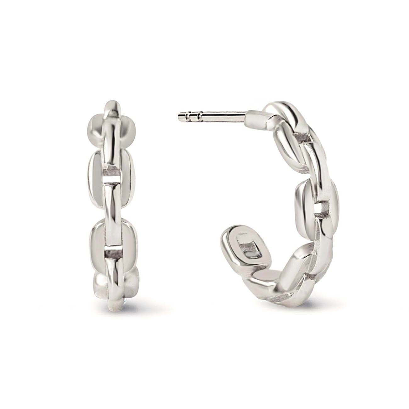 Sterling silver chain-link hoop earrings, front and side view on a white background