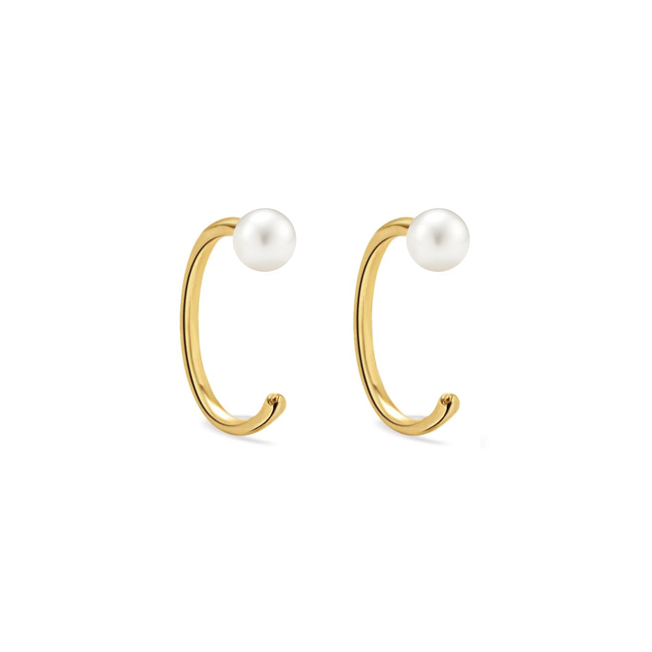 Gold vermeil open hug hoop earrings each topped with a pearl, on a white background