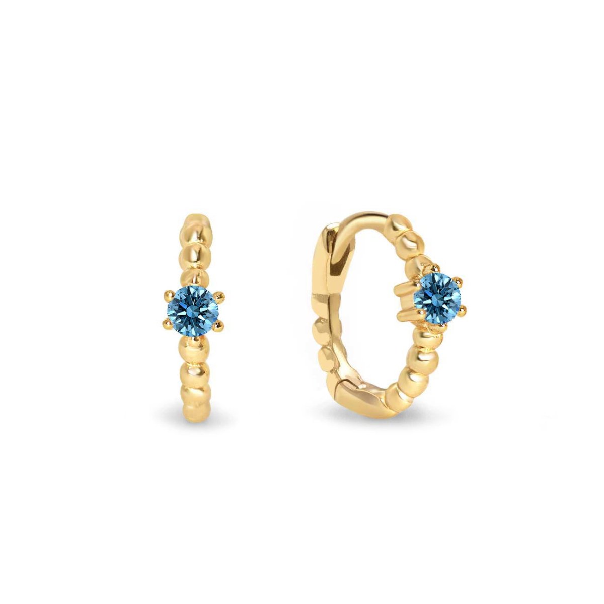 Gold vermeil beaded huggie hoops with a round blue zircon, front and angled views on a white background
