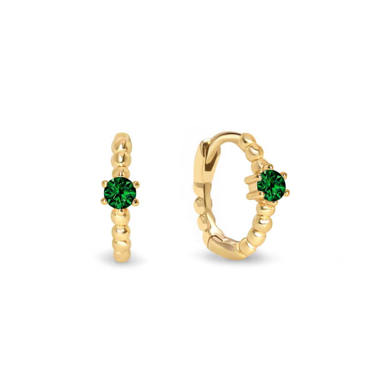 Gold vermeil beaded huggie hoops with a round green emerald, front and angled views on a white background