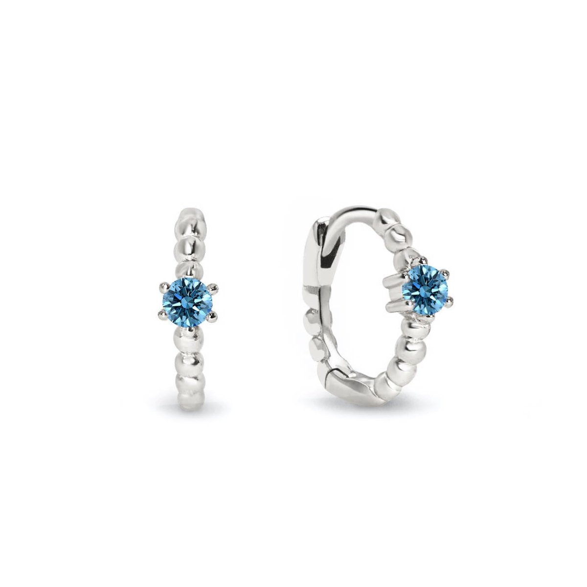 Sterling silver beaded huggie hoops with a round blue zircon, front and angled views on a white background
