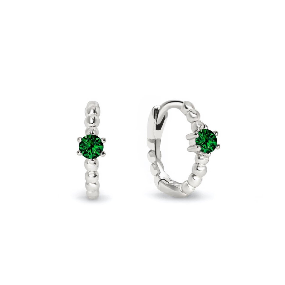 Sterling silver beaded huggie hoops with a round green emerald, front and angled views on a white background