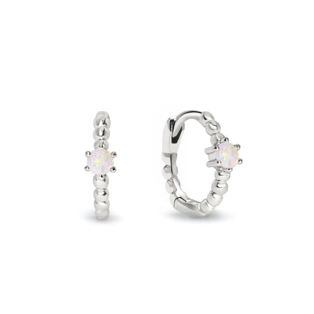 Sterling silver beaded huggie hoops with a round white opal, front and angled views on a white background
