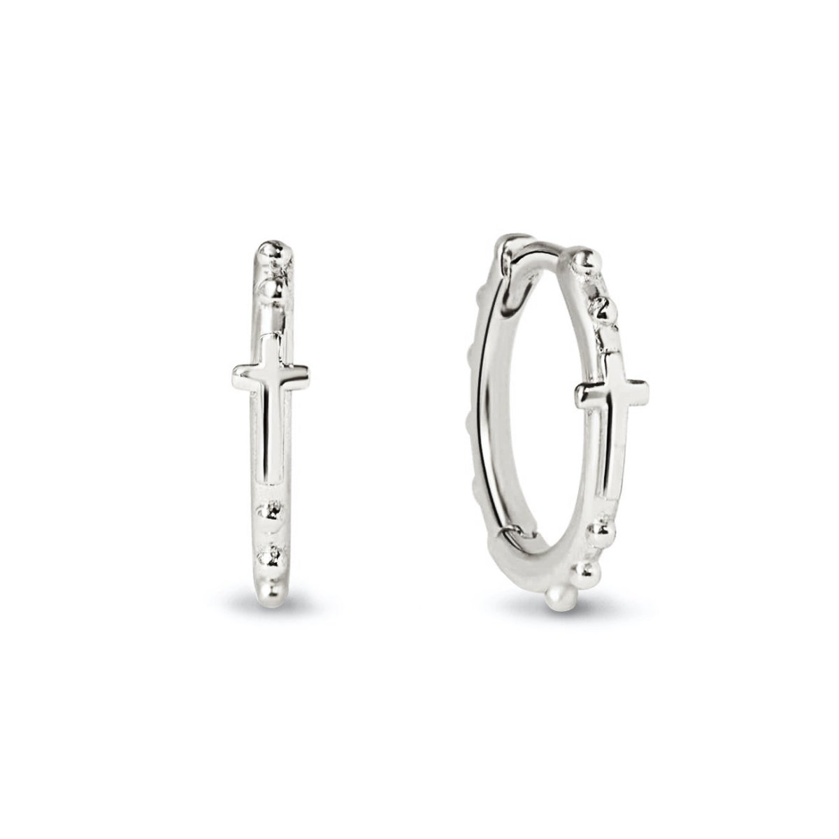 Sterling silver beaded cross huggie hoops with a small cross detail, on a white background