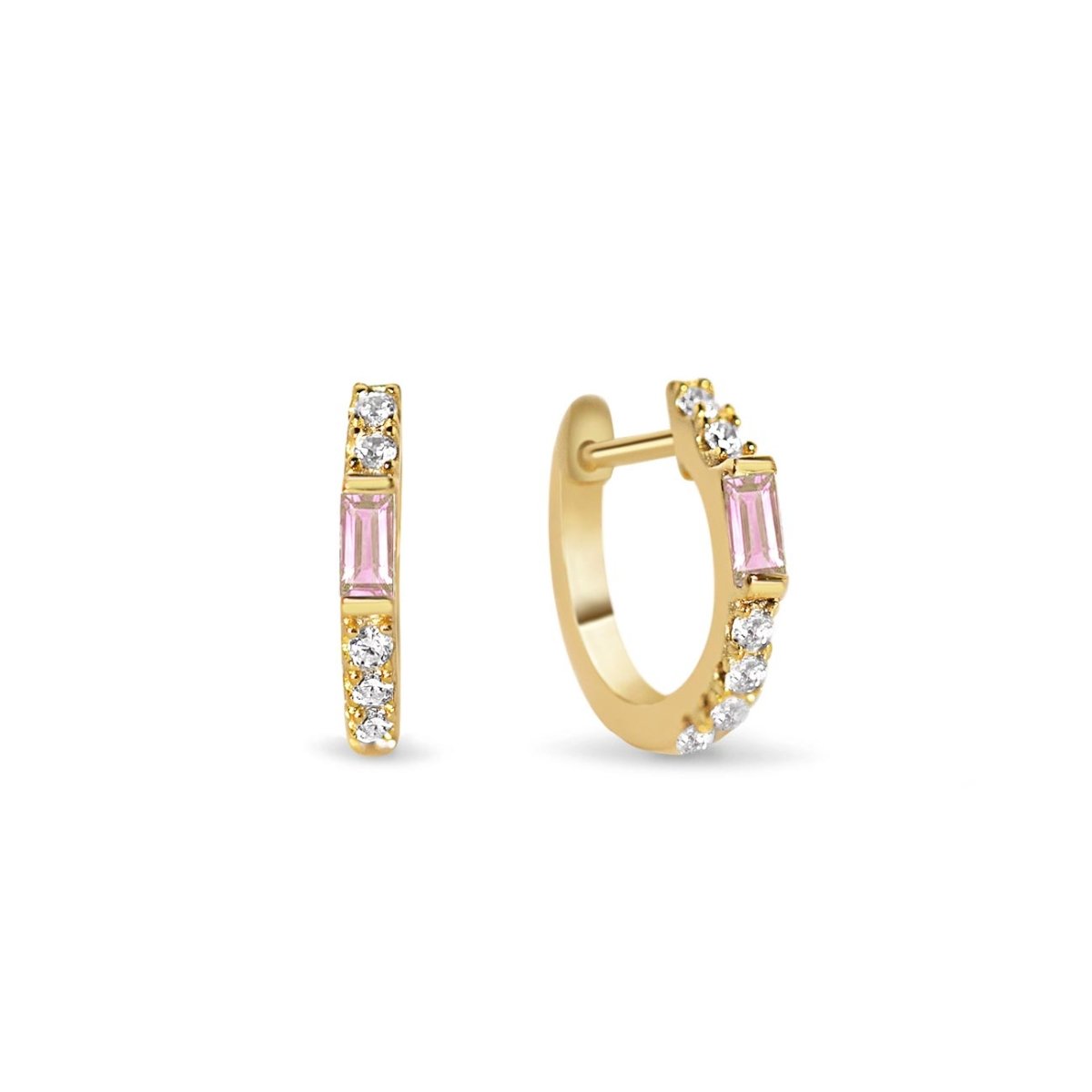 Gold vermeil baguette huggie hoops with a pink sapphire baguette and white zirconia, on a white background
