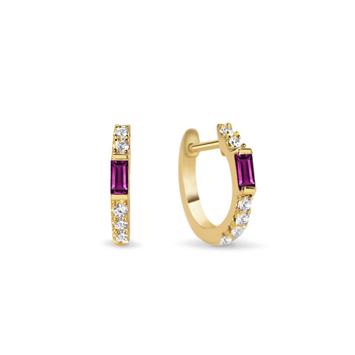 Gold vermeil baguette huggie hoops with a ruby baguette and white zirconia, on a white background