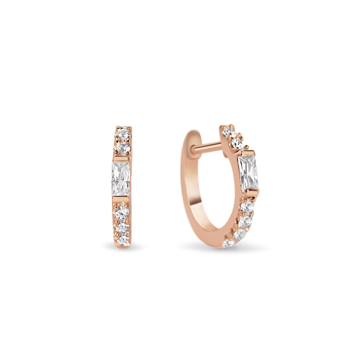 Rose gold vermeil baguette huggie hoops with white zirconia, front and side view on a white background