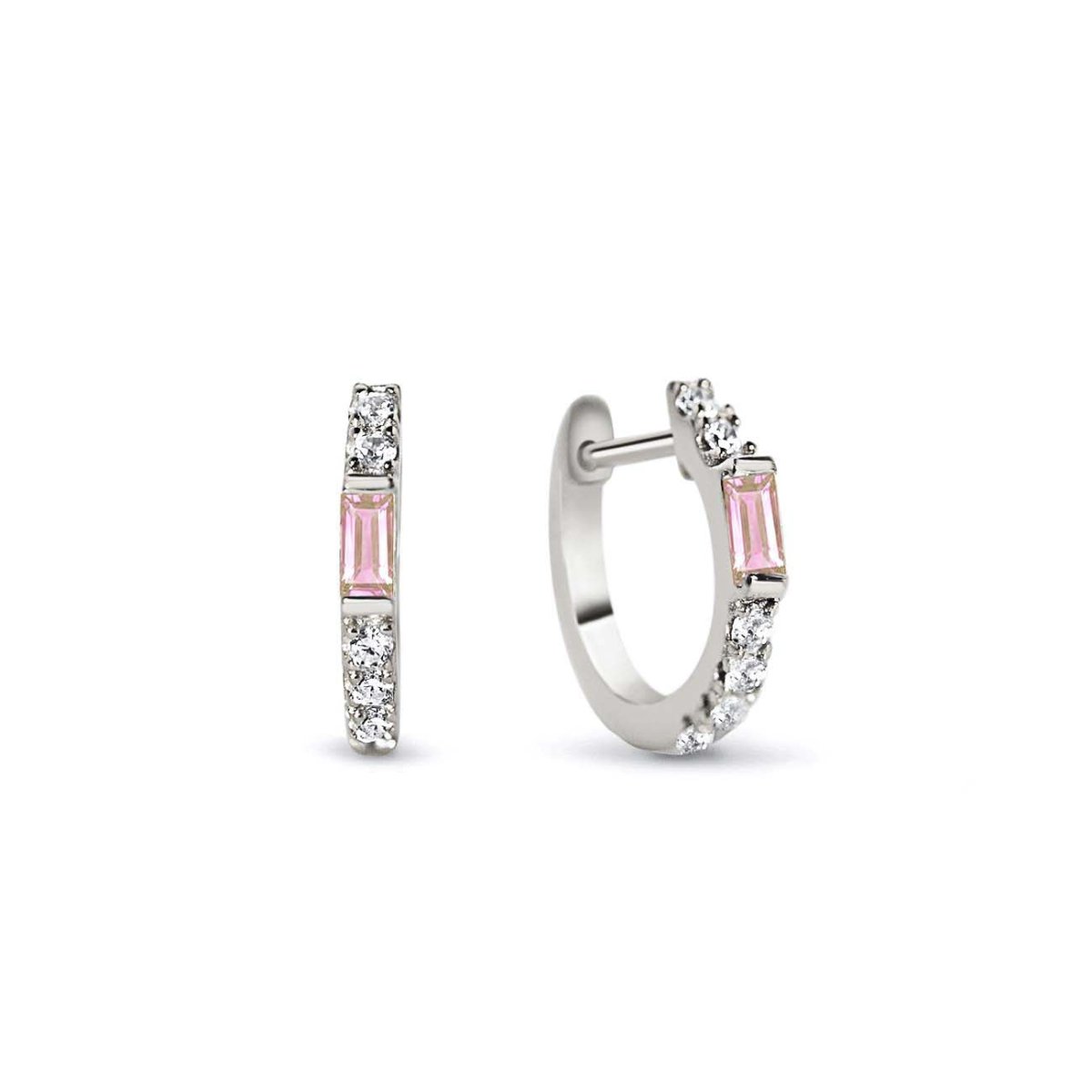 Sterling silver baguette huggie hoops with a pink sapphire baguette and white zirconia, on a white background