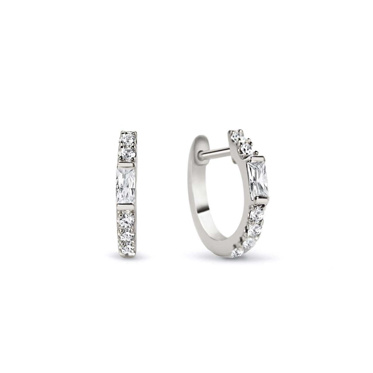 Sterling silver baguette huggie hoops with white zirconia, front and side view on a white background