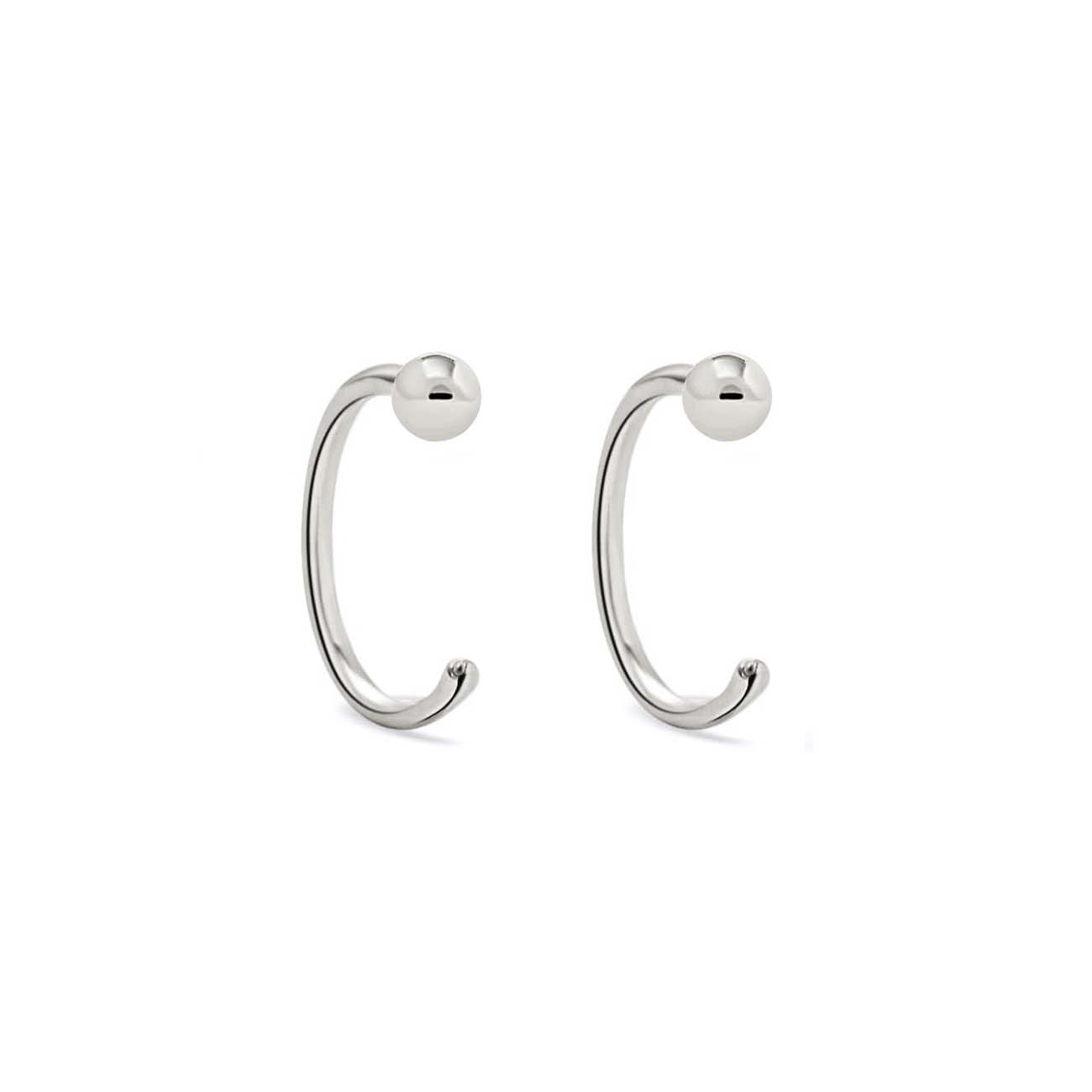 14K white gold ball-end open hoop earrings with a polished bead, on a white background