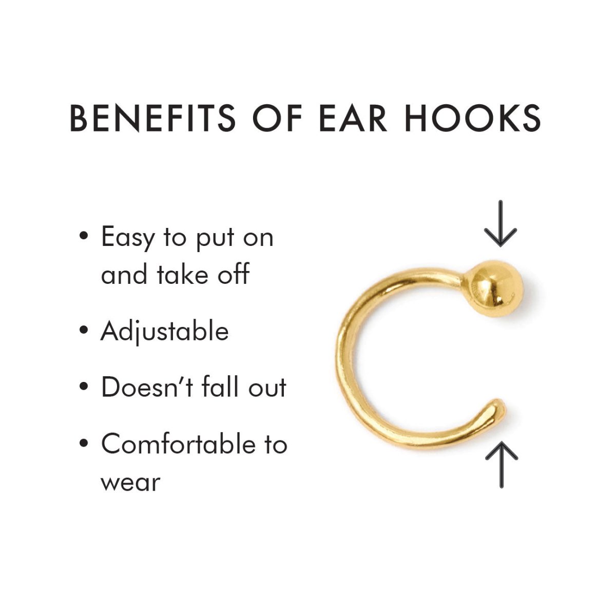 Gold vermeil open hook bar huggie earring with a ball end, on a benefits-of-ear-hooks graphic
