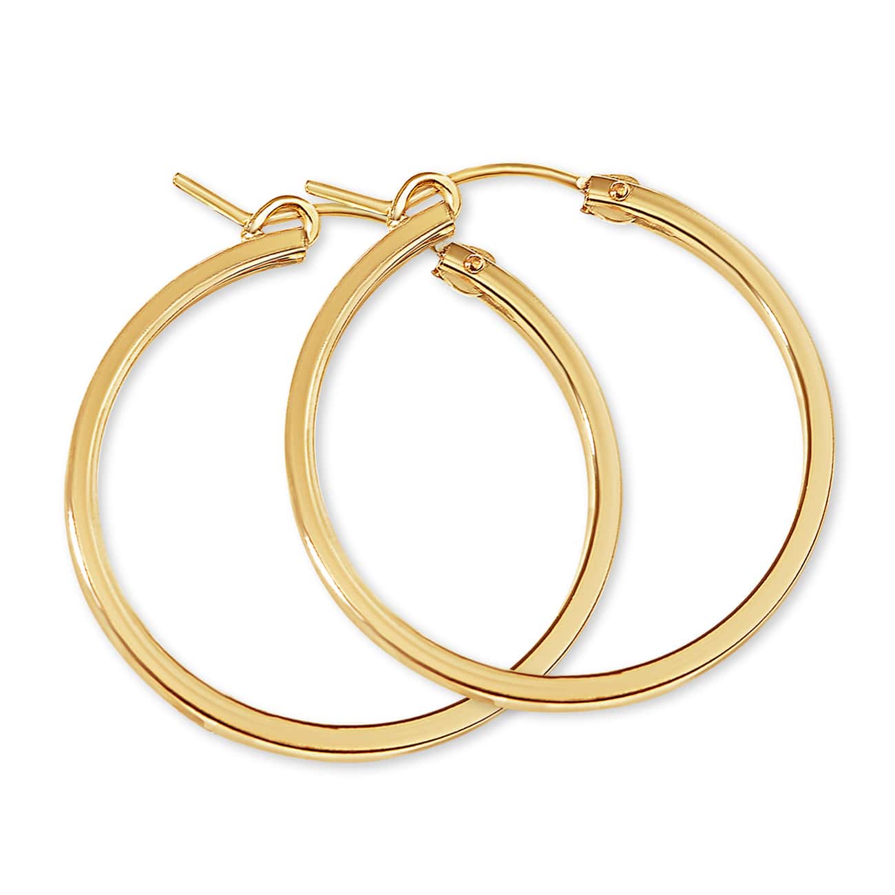 Pair of gold-filled thin square-edge hoop earrings with hinged closures, on a white background