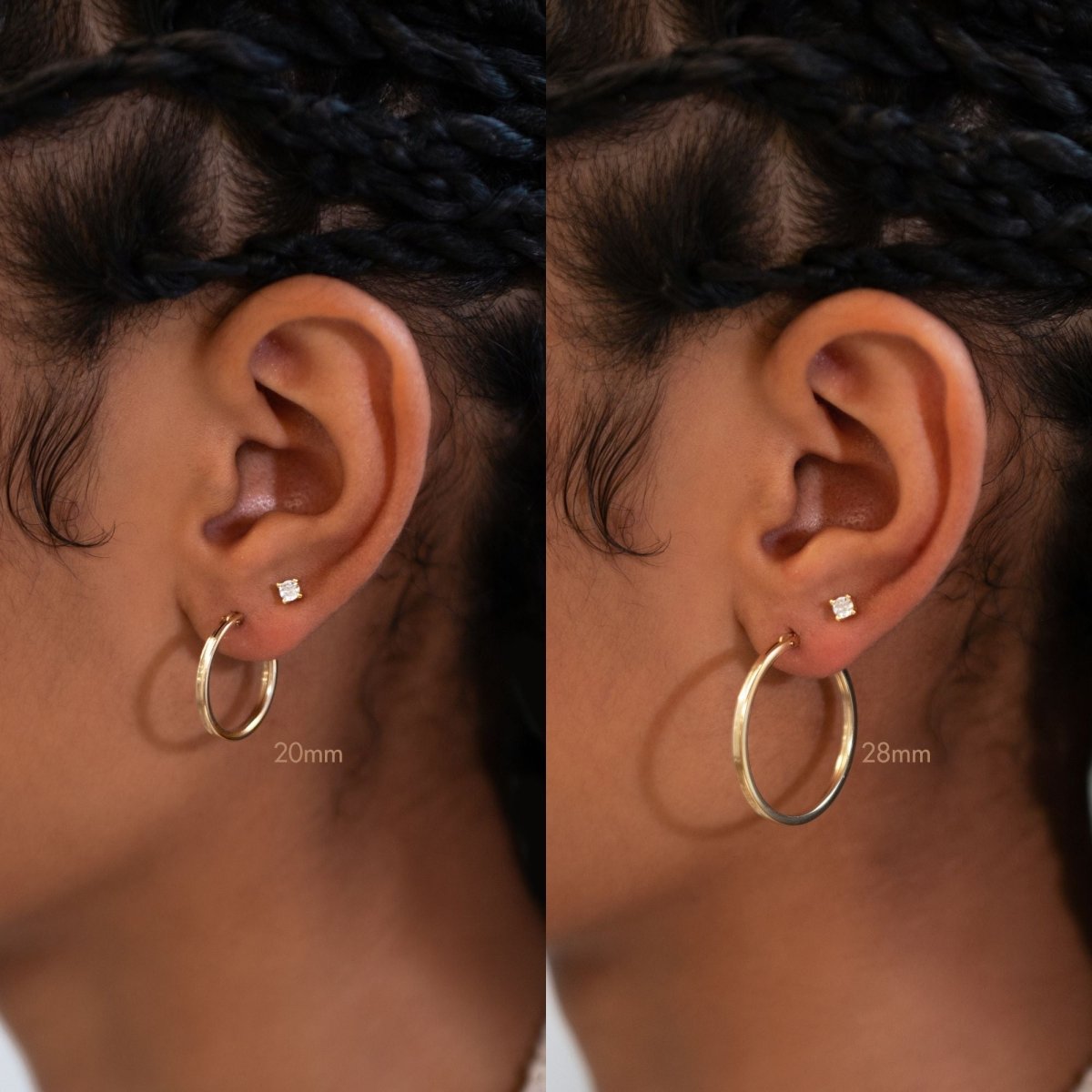 Gold-filled square-edge hoops shown on a model's ear, size comparison 20mm and 28mm