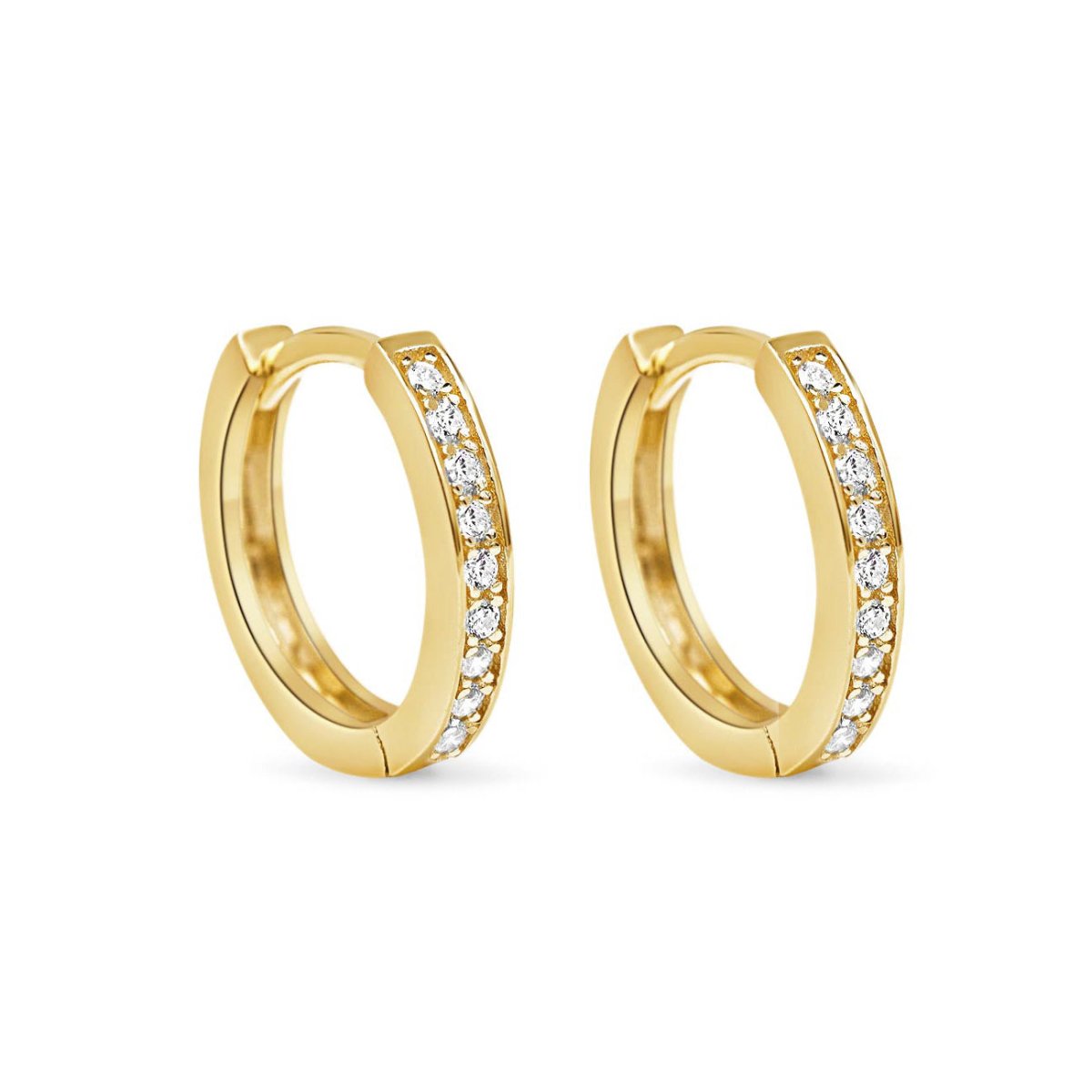 Pair of gold vermeil pave huggie hoops set with clear white zirconia, on a white background