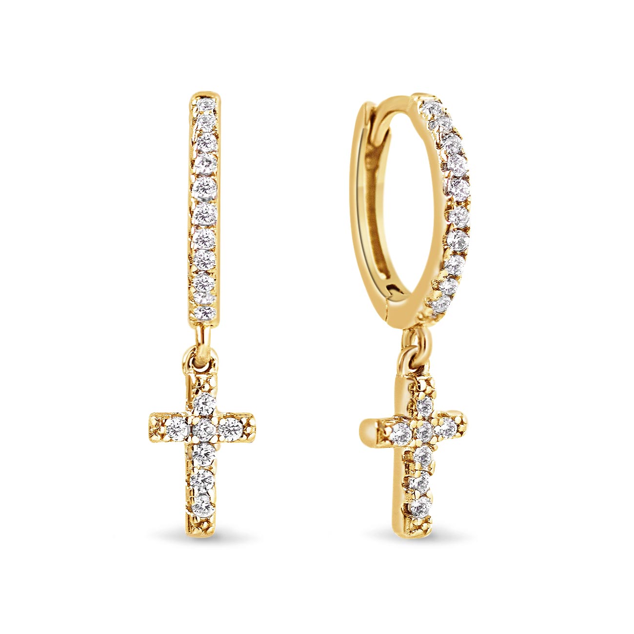 Gold vermeil pavé huggie hoops with a dangling pavé cross charm, on a white background