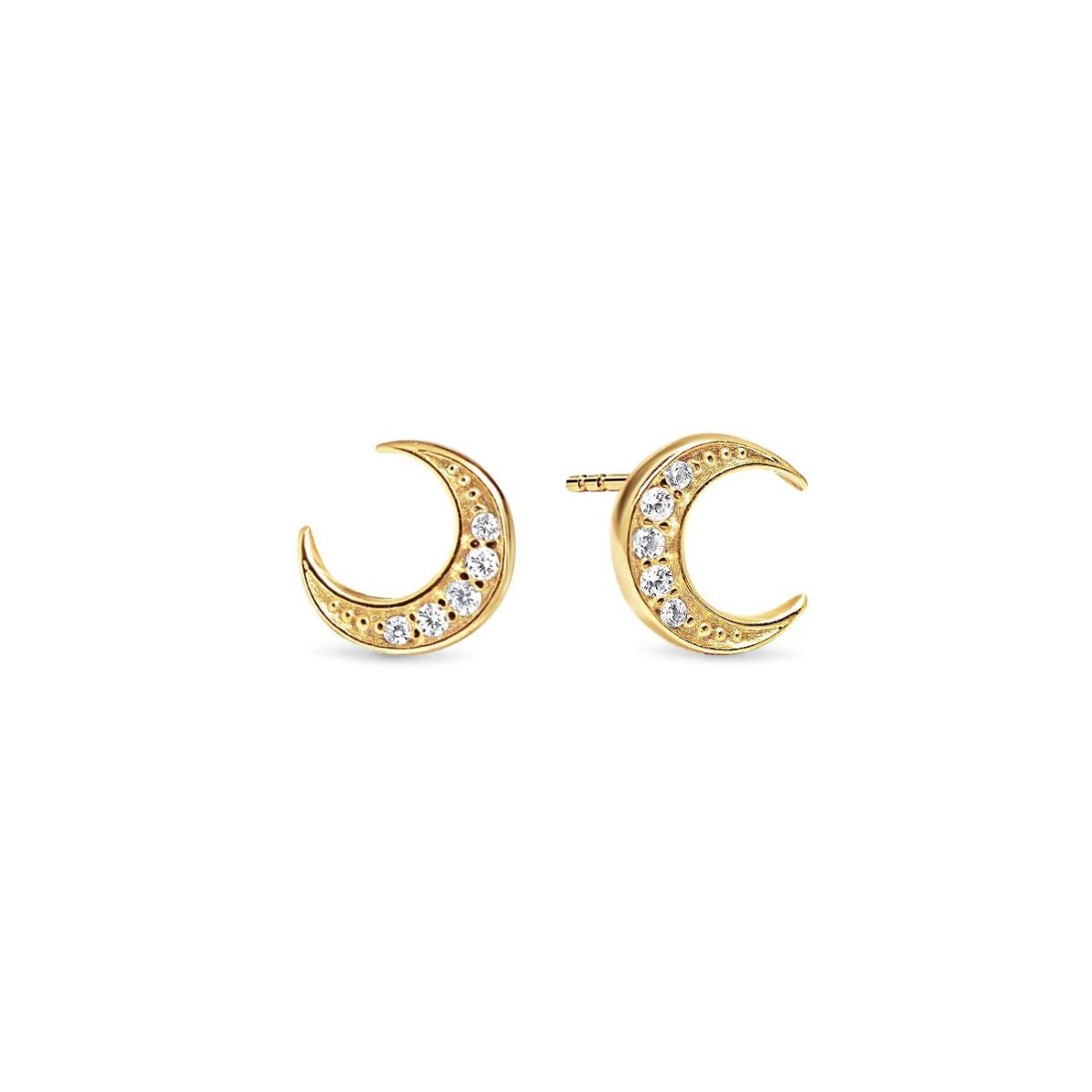 Gold vermeil crescent moon pavé studs set with clear zirconia stones, on a white background