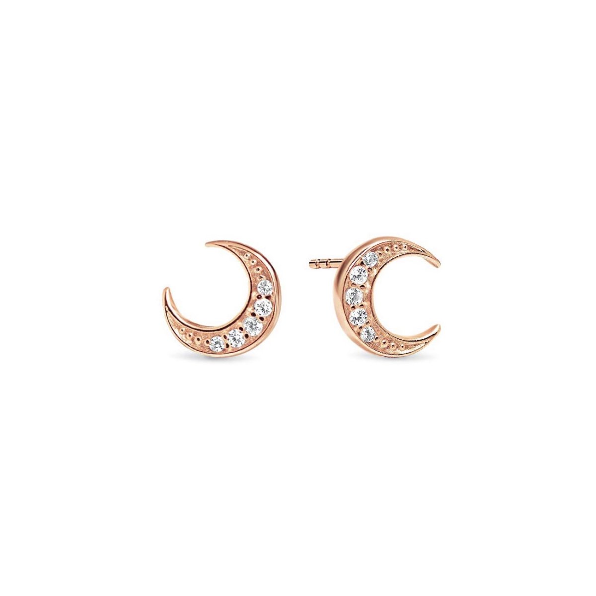 Rose gold vermeil crescent moon studs with pavé white zirconia, on a white background